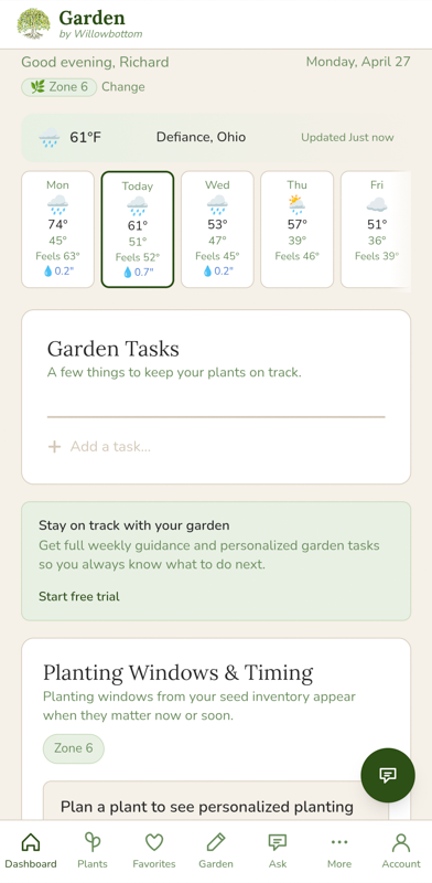 Garden by Willowbottom on mobile showing frost warnings and daily tasks